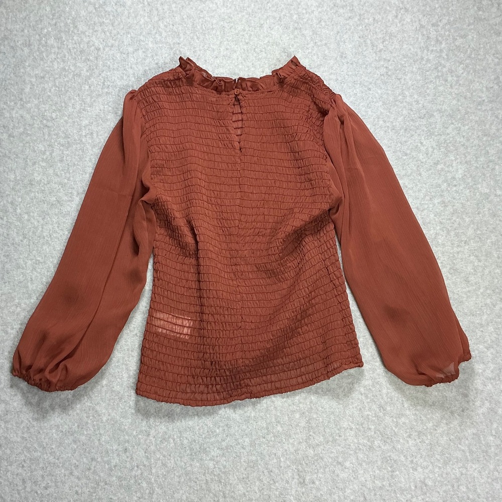 Express Rust Brown Smocked Ruffle Neck Balloon Sleeve Blouse Small